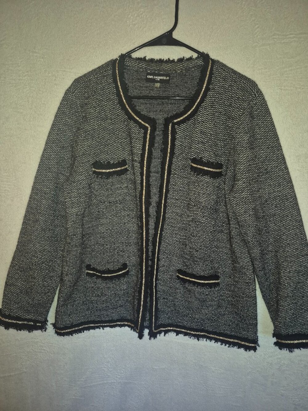 Karl Lagerfeld Paris Tweed Style Open Front Wool Cardigan Blazer Fringe L Preppy